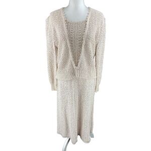 1970s XL Pallas Hand Loomed Irish Linen Open Knit 2 piece Skirt Jacket Suit Vtg